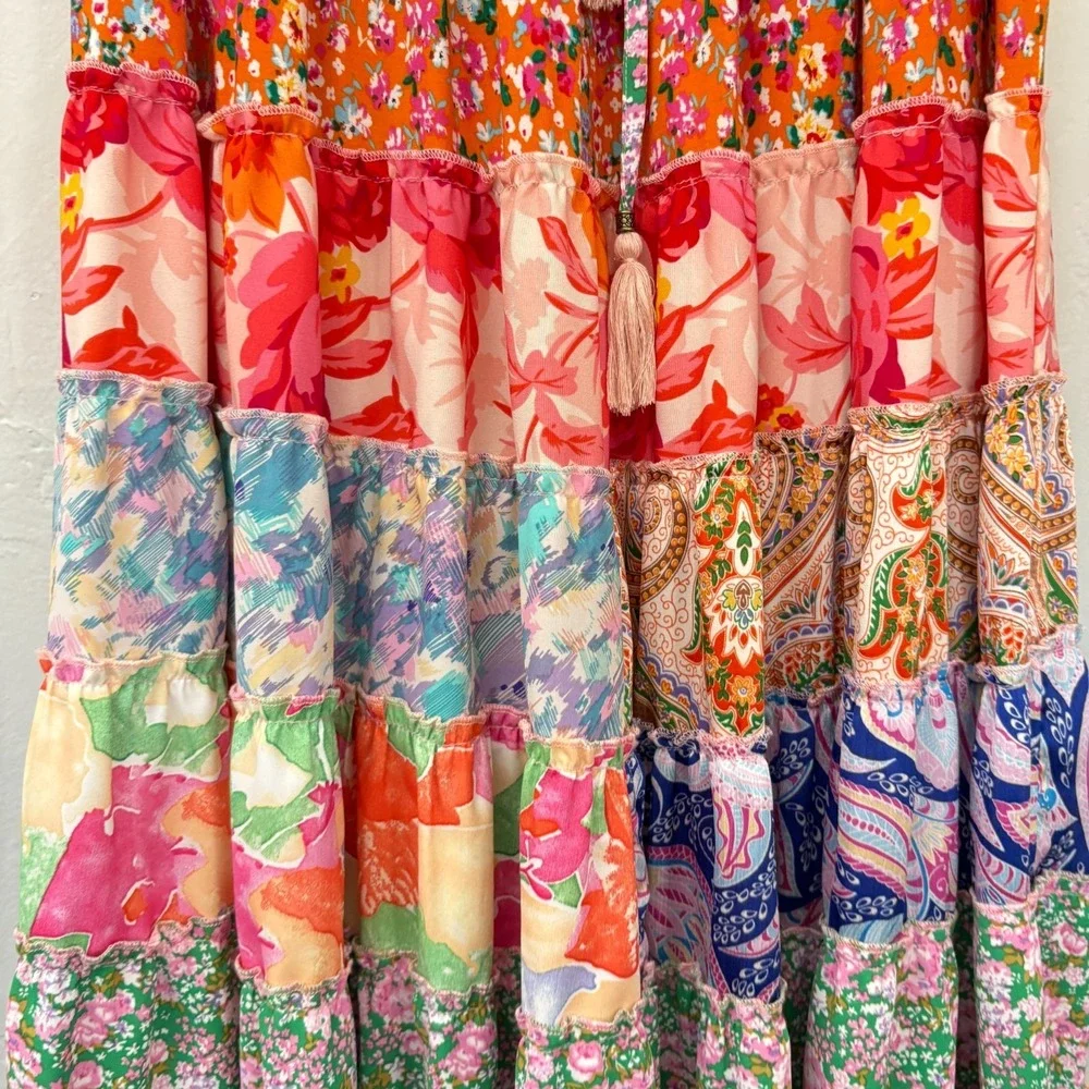 White Burch Floral Maxi Skirt Women Large Multicolor Tiered Gypsy Pull On Flaw - Picture 5 of 14